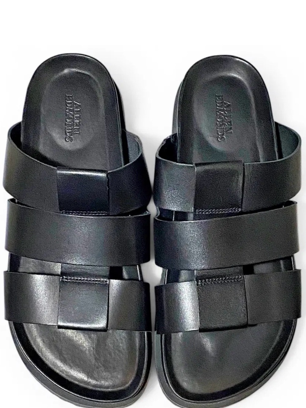 ALLEN EDMONDS Davis Black Leather Double-Strap Slide Sandals for Men 9.5 D